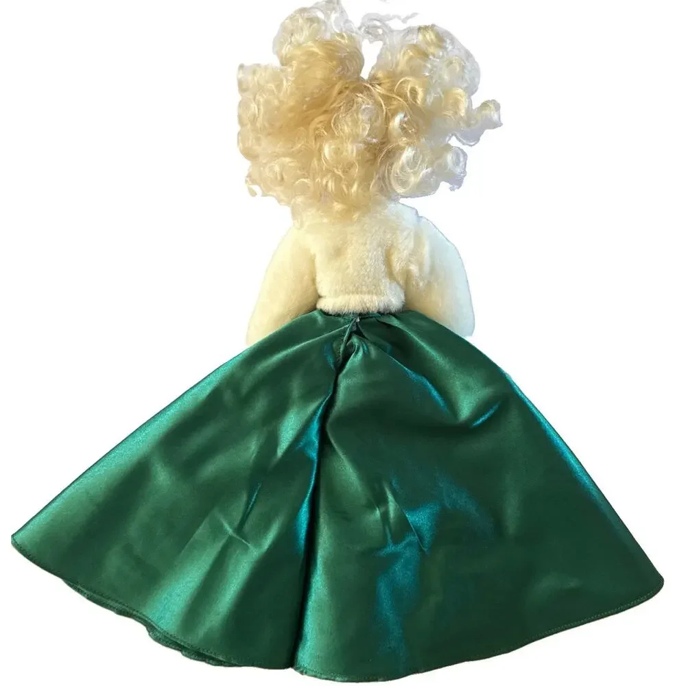 Vintage 80s/90s Barbie Green Satin Gown White Fur Coat Silver Purse Curly Blonde